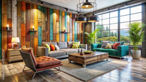 Vibrant colored reclaimed wood mixed with metallic accents and sleek lines evoke modern sophistication in an airy industrial-chic living room. photo