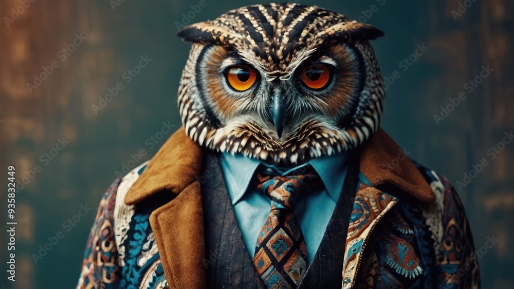 Chic owl bird with a bohemian ensemble consisting of a jacket, shirt, tie, and glasses. Large banner with side text area available. fashionable animal stances. Artificial Intelligence