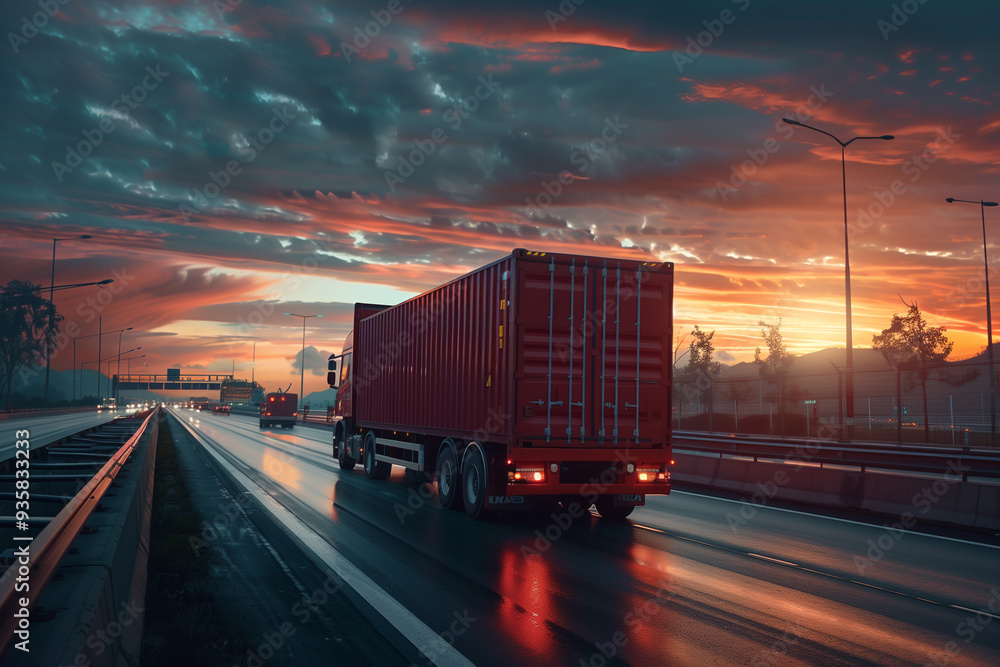 Photorealistic image of a red truck on the highway at sunset, with its lights aglow and reflecting on wet pavement, set against a vibrant orange sky and expansive green fields Photorealistic image of a red truck on the highway at sunset, with its lights aglow and reflecting on wet pavement, set against a vibrant orange sky and expansive green fields