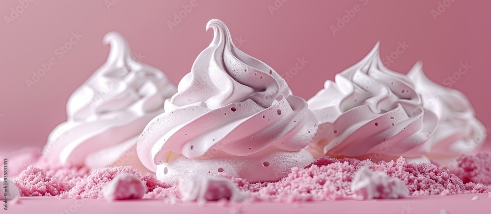 Close up view of meringue against a pink background. Copy space image. Place for adding text and design Close up view of meringue against a pink background. Copy space image. Place for adding text and design