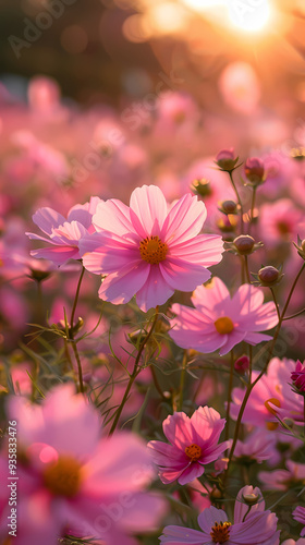 cosmos flower.Natural colorful panoramic landscape with many wild flowers of daisies against blue sky.Close up flowers blooming on softness style in spring summer under sunrise.