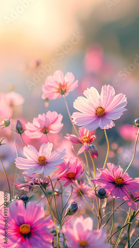 cosmos flower.Natural colorful panoramic landscape with many wild flowers of daisies against blue sky.Close up flowers blooming on softness style in spring summer under sunrise.