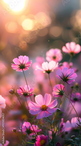 cosmos flower.Natural colorful panoramic landscape with many wild flowers of daisies against blue sky.Close up flowers blooming on softness style in spring summer under sunrise.