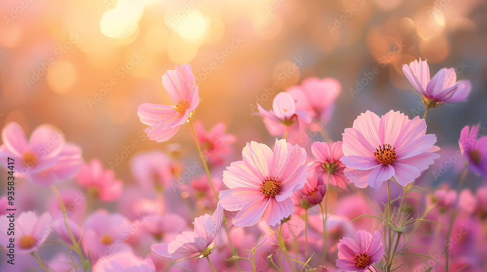 Obraz premium cosmos flower.Natural colorful panoramic landscape with many wild flowers of daisies against blue sky.Close up flowers blooming on softness style in spring summer under sunrise.