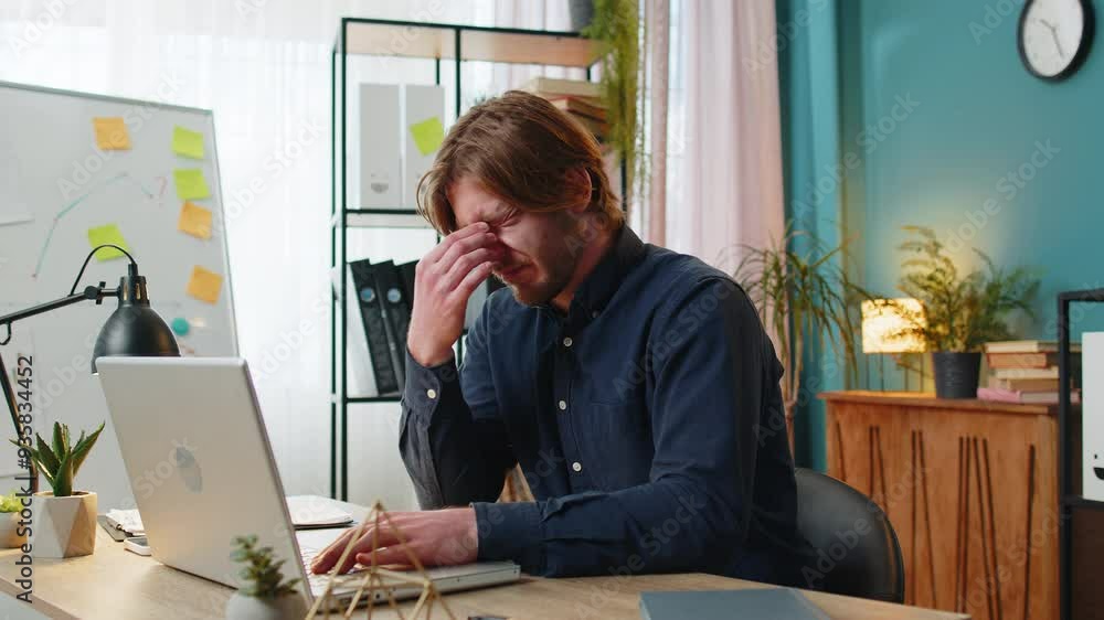 Bored sleepy young businessman worker working on laptop computer, rubbing eye pinch nose at home office desk. Exhausted tired Caucasian freelancer workaholic guy. Employment, occupation, workless. Bored sleepy young businessman worker working on laptop computer, rubbing eye pinch nose at home office desk. Exhausted tired Caucasian freelancer workaholic guy. Employment, occupation, workless.