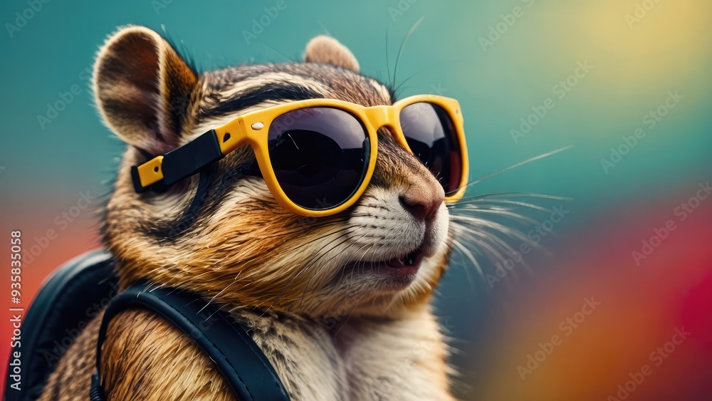 Chic chipmunk with headphones and shades against a vibrant backdrop