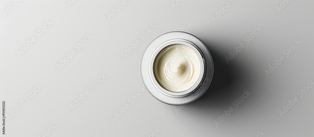 Cosmetic blank label for mock up of a white cream bottle from a top view with cream in an open pot Clipping path. Copy space image. Place for adding text and design Cosmetic blank label for mock up of a white cream bottle from a top view with cream in an open pot Clipping path. Copy space image. Place for adding text and design