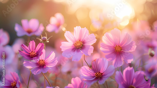 cosmos flower.Natural colorful panoramic landscape with many wild flowers of daisies against blue sky.Close up flowers blooming on softness style in spring summer under sunrise.