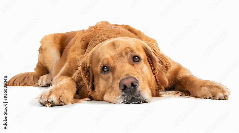 Bored, sad golden retriever dog. Sickness-prone dog. Dog care, health and wellness Bored, sad golden retriever dog. Sickness-prone dog. Dog care, health and wellness