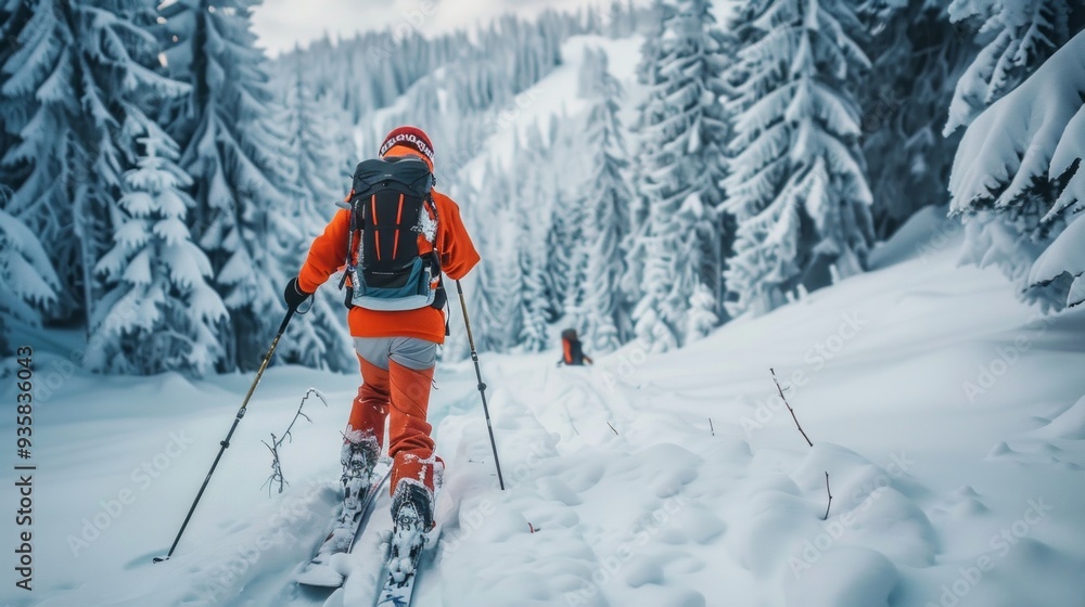 A skier confidently makes their way through a tranquil winter forest, surrounded by snow-laden trees and pristine frozen terrain, enjoying the backcountry experience A skier confidently makes their way through a tranquil winter forest, surrounded by snow-laden trees and pristine frozen terrain, enjoying the backcountry experience