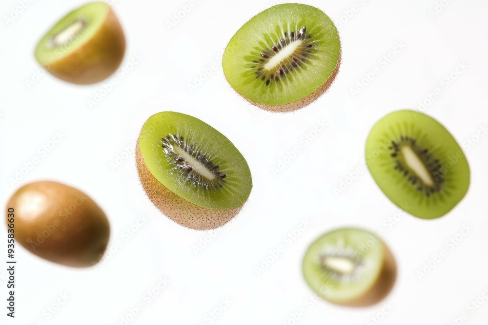 Fototapeta premium Fresh kiwifruit slices and whole kiwis floating against a light background in creative arrangement