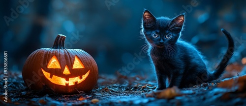 In the darkness, a Halloween pumpkin and a panther cub are haunted