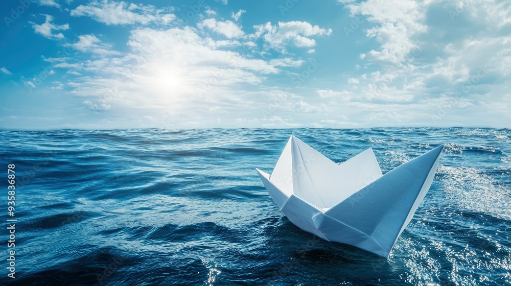 Obraz premium Small White Paper Boat In Big Ocean With Blue Sky And Sunshine - Business Opportunity/Vision Concept with generative ai