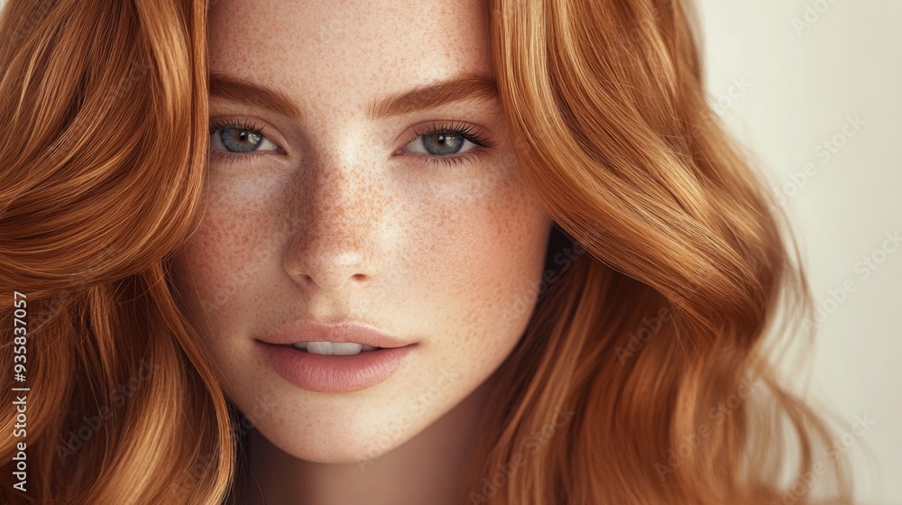 Naklejka premium A young woman with wavy red hair and freckles gazes softly, showcasing her natural beauty in a warm, bright setting.