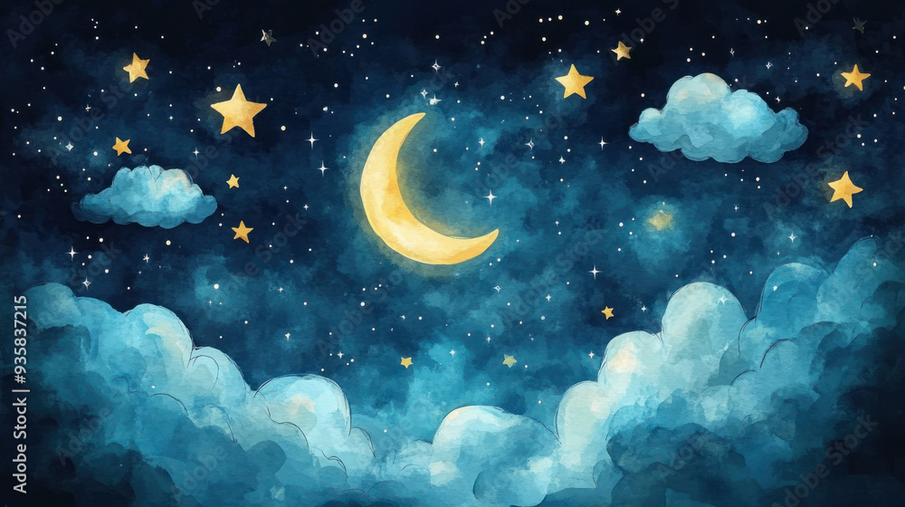 Night Sky Illustration, A charming watercolor illustration of a night sky, featuring a glowing moon, sparkling stars, and fluffy clouds, ideal for dreamy art and designs Night Sky Illustration, A charming watercolor illustration of a night sky, featuring a glowing moon, sparkling stars, and fluffy clouds, ideal for dreamy art and designs