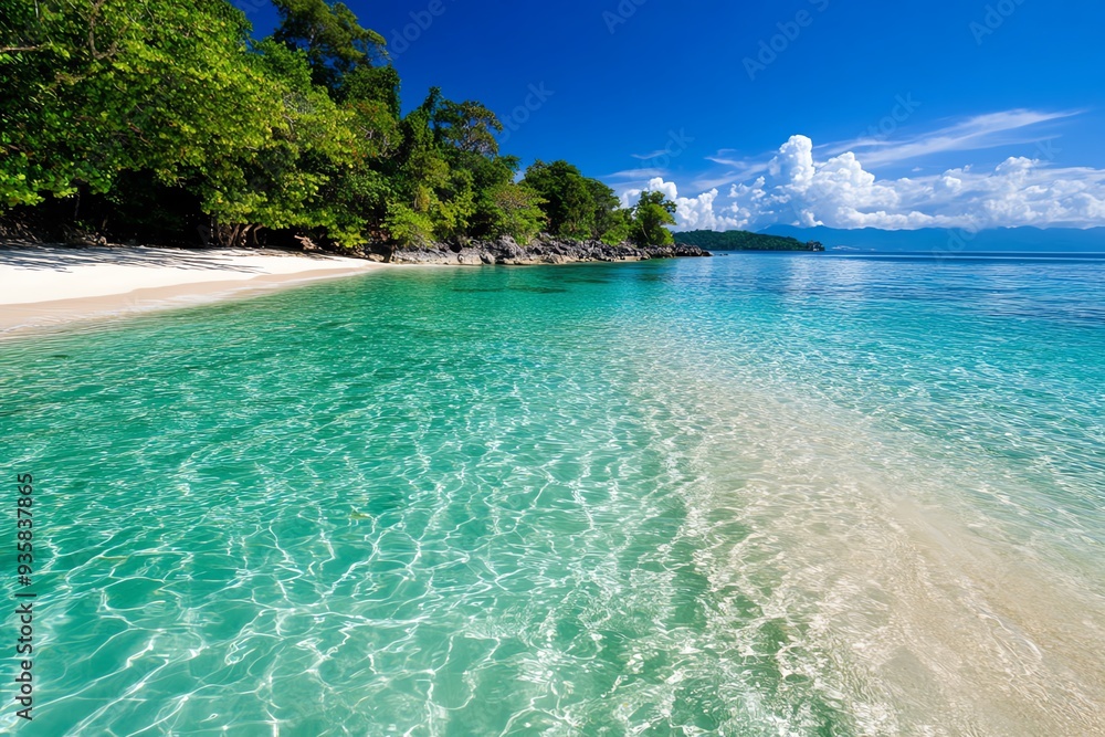 Fototapeta premium A peaceful, isolated beach on a paradise island, with crystal-clear water and white sand, perfect for a day of relaxation and solitude