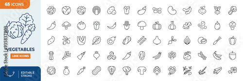 Vegetables line editable icon set. Contain icons related to tomato, mushroom, carrot, corn, eggplant, beetroot, potato, lettuce and more. Editable stroke. Vector illustration	