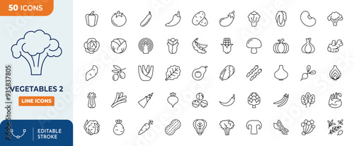 Vegetables icon set. Containing tomato, mushroom, carrot, corn, eggplant, beetroot, potato, lettuce and more icons. Editable stroke. Vector illustration