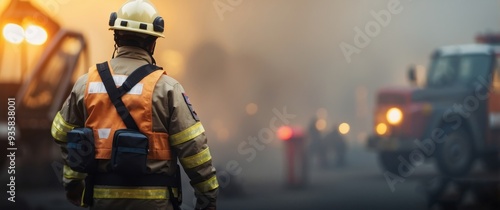 Firefighter in Full Gear Facing Smoke and Emergency Vehicle