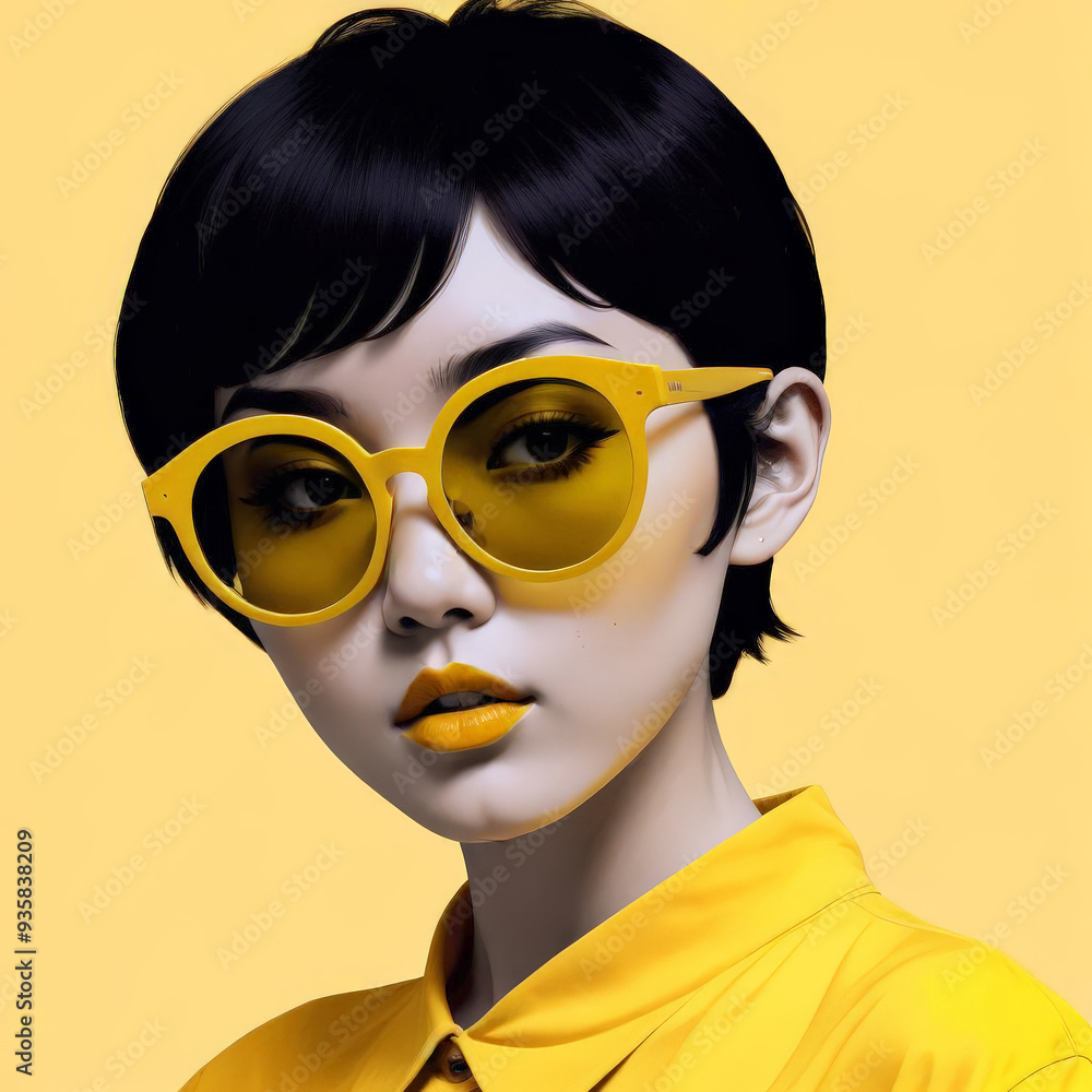 Young asian woman with short black hair wearing yellow sunglasses on bright yellow background. Retro style Young asian woman with short black hair wearing yellow sunglasses on bright yellow background. Retro style