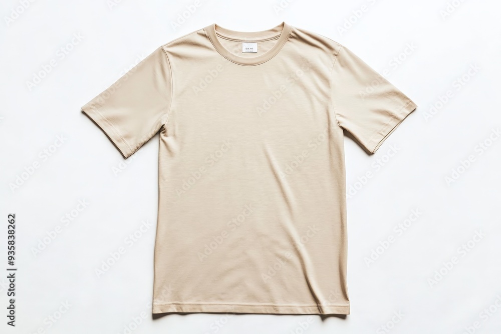 A plain beige T-shirt is laid flat against a white background, displaying a simple yet elegant design that emphasizes comfort and understated style. A plain beige T-shirt is laid flat against a white background, displaying a simple yet elegant design that emphasizes comfort and understated style.