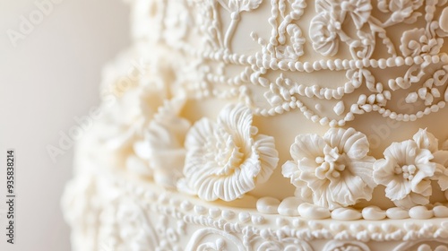 Wallpaper Mural A detailed close-up of a white wedding cake showcasing elaborately decorated floral patterns. This sophisticated design adds a touch of elegance to any wedding celebration. Torontodigital.ca