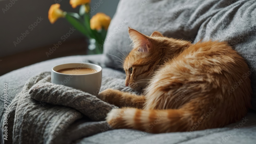 A cute, humanized ginger cat, dressed in pajamas, lounges on the sofa and sip morning coffee. Taking a Cup of Coffee. Monday am. imaginative picture of an animal. AI-Powered