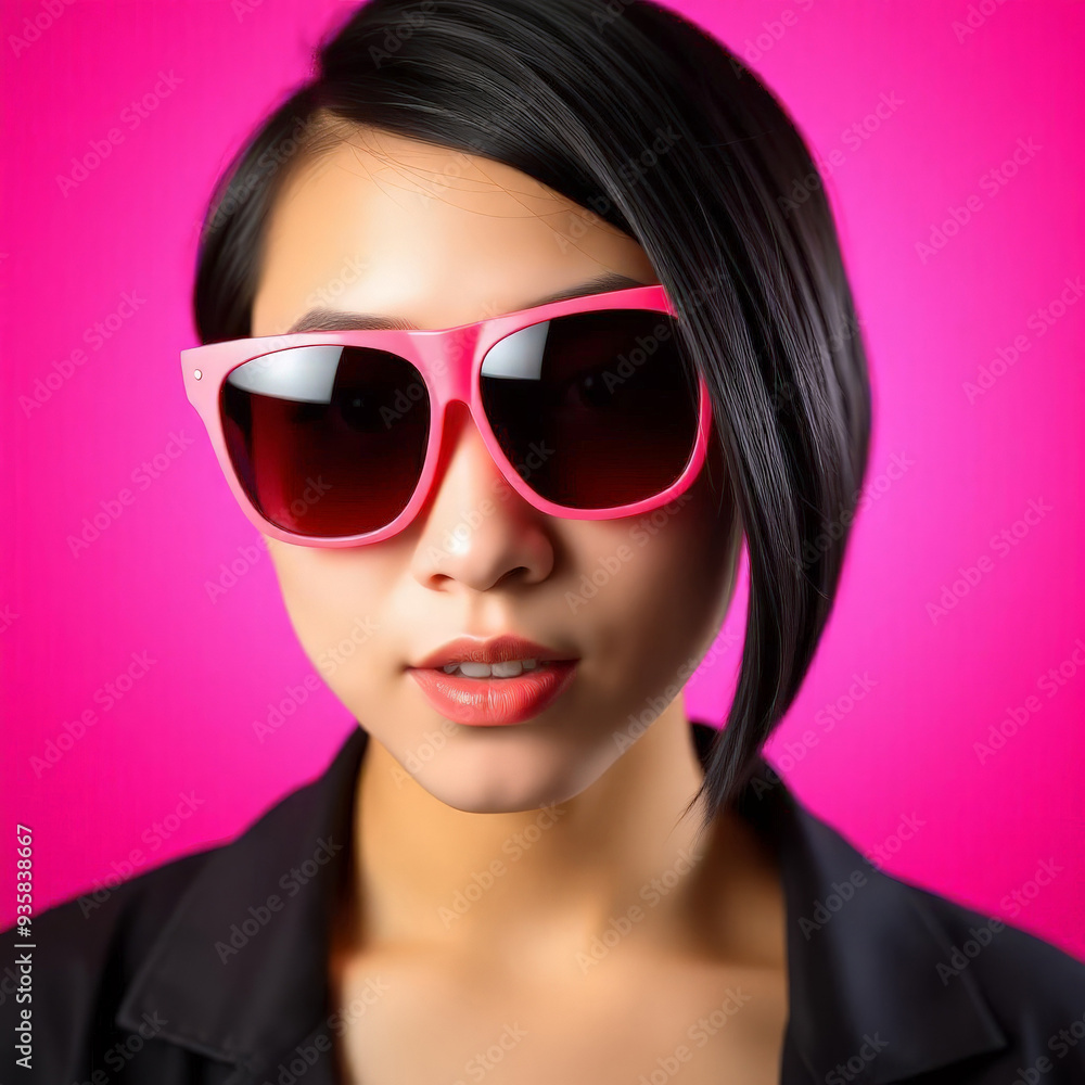 Young Asian woman with short black hair wearing pink sunglasses on bright pink background. Young Asian woman with short black hair wearing pink sunglasses on bright pink background.