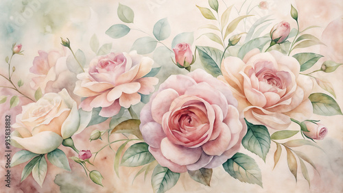 Watercolor Floral Background with Soft Pink Roses and Green Leaves, Delicate Brushstrokes, Romantic and Elegant