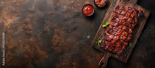 Wallpaper Mural Homemade freshly grilled meat Medium grilled BBQ beef steak with barbeque sauce on a wooden board Top view copy space Torontodigital.ca