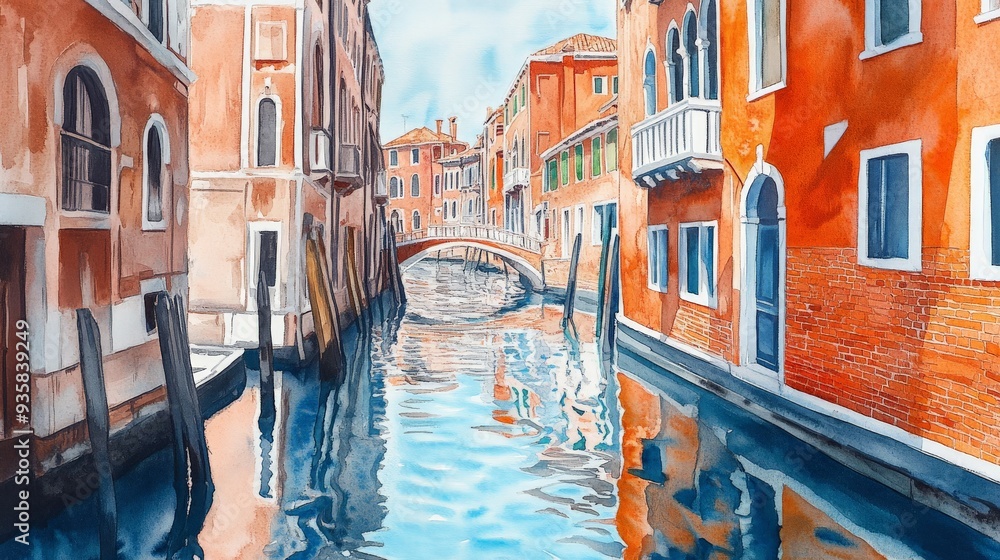 Obraz premium Colorful watercolor painting of a picturesque canal with traditional buildings in Venice, Italy, featuring reflections on the water.
