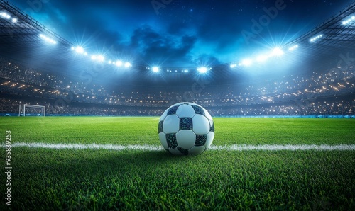 Backdrop with illuminated floodlights and scenic sports field for an epic soccer stadium scene