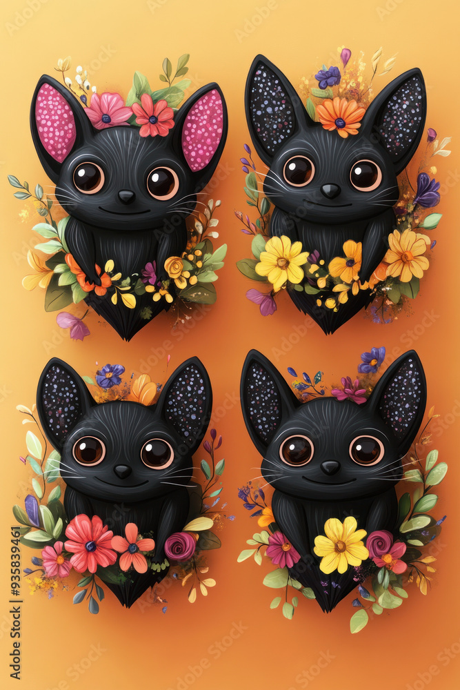 Cartoon Bats, A delightful set of cartoon bats decorated with vibrant flowers, ideal for Halloween-themed crafts and decorations Cartoon Bats, A delightful set of cartoon bats decorated with vibrant flowers, ideal for Halloween-themed crafts and decorations
