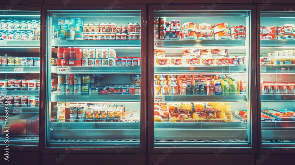 A brightly lit refrigerated section in a store, featuring an assortment of dairy products, drinks, and other packaged goods arranged on shelves. A brightly lit refrigerated section in a store, featuring an assortment of dairy products, drinks, and other packaged goods arranged on shelves.