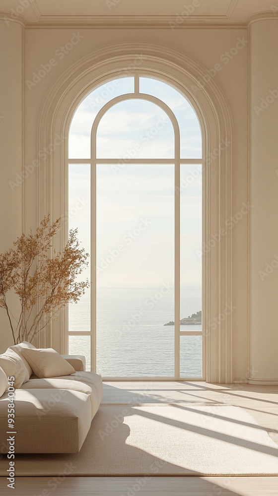 Vertical photo of an empty light beige living room with a large window with ocean views Vertical photo of an empty light beige living room with a large window with ocean views