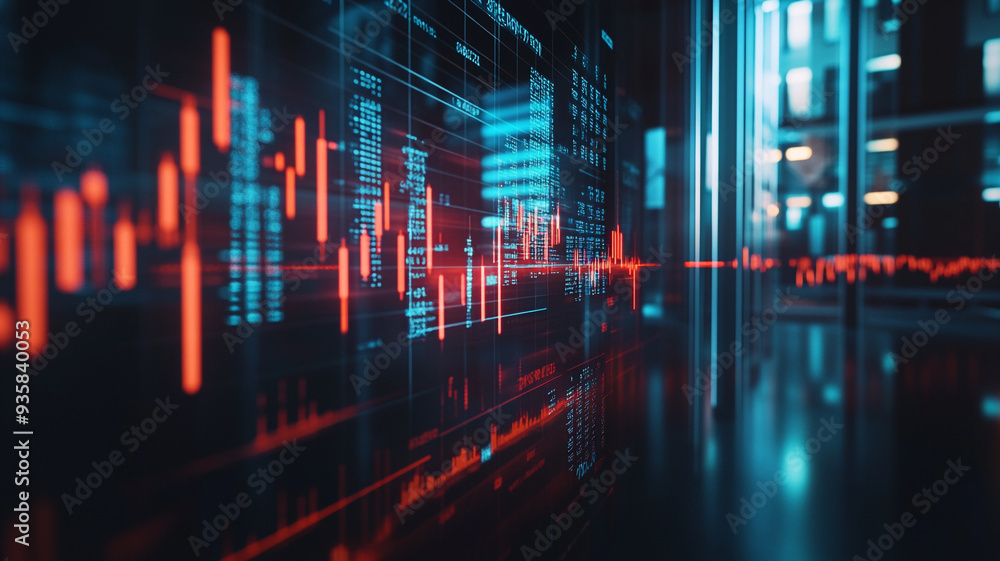 Dynamic financial data visualization in a modern office environment showcasing crucial trading metrics and analytics in real-time Dynamic financial data visualization in a modern office environment showcasing crucial trading metrics and analytics in real-time