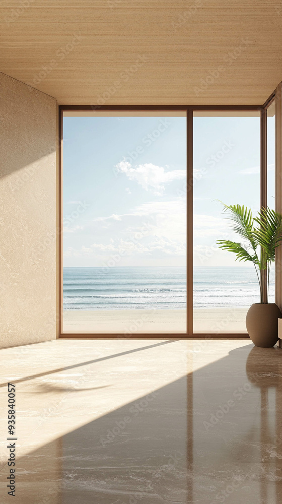 Fototapeta premium Vertical photo of an empty light beige living room with a large window with ocean views