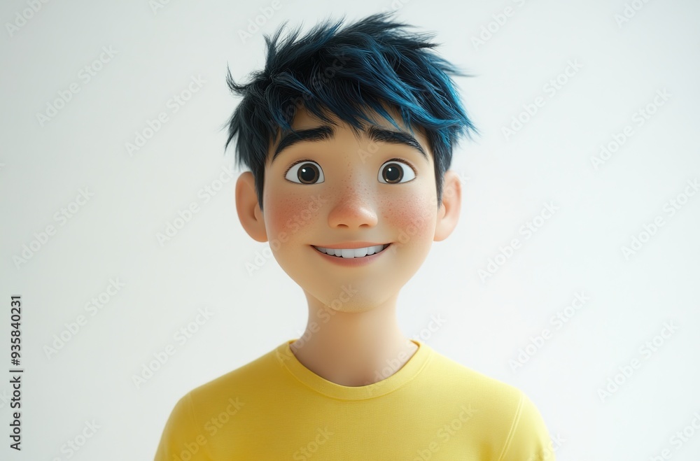 3D avatar of an Asian man with black hair, wearing a yellow shirt, against a white background. 3D avatar of an Asian man with black hair, wearing a yellow shirt, against a white background.