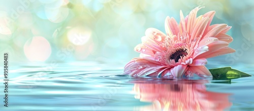 Close up of a pink Gerbera flower in soft focus with a bokeh water background. Copy space image. Place for adding text and design photo