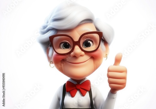 3D cartoon of a happy elderly woman with glasses giving a thumbs-up gesture, against a white background