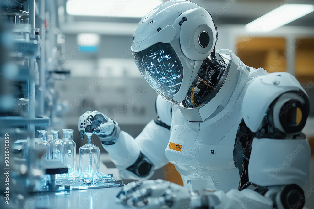 Futuristic robot is carefully handling vials in a high-tech laboratory, showcasing the advancements in robotics and their role in scientific research Futuristic robot is carefully handling vials in a high-tech laboratory, showcasing the advancements in robotics and their role in scientific research