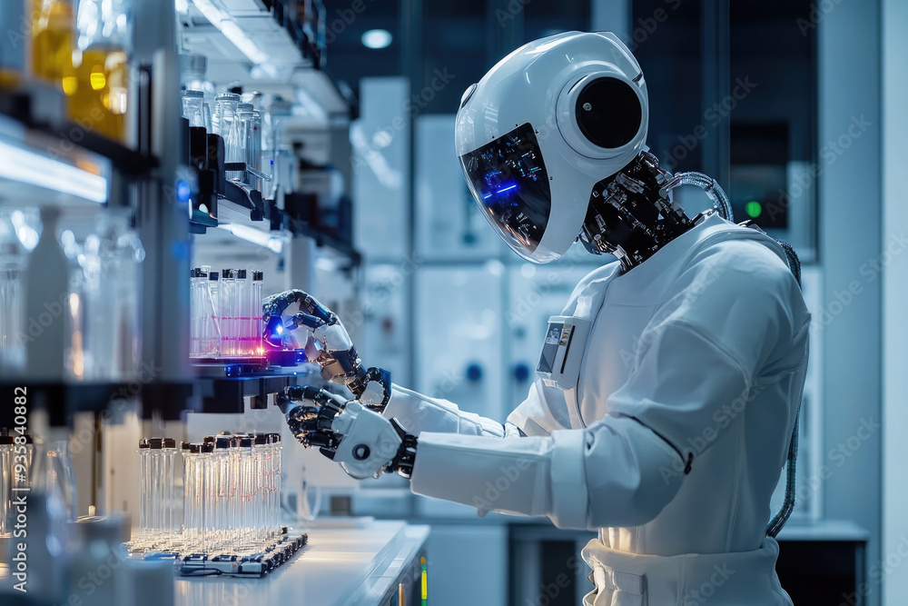 Futuristic robot is carefully handling vials in a high-tech laboratory, showcasing the advancements in robotics and their role in scientific research Futuristic robot is carefully handling vials in a high-tech laboratory, showcasing the advancements in robotics and their role in scientific research