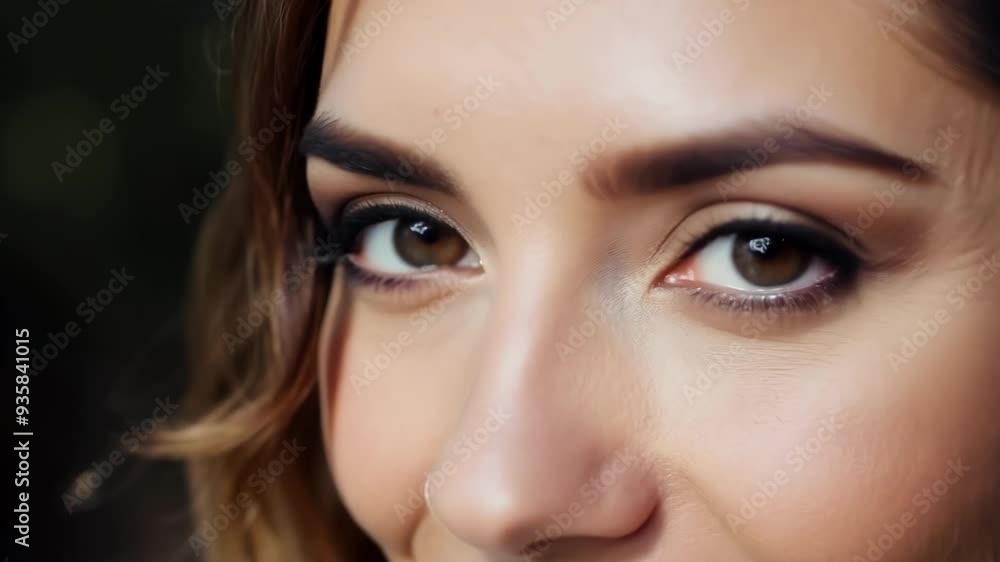 Close up of a stunning model showcasing professional makeup application, focusing on eyes, lips, and flawless skin for a glamorous and fashionable look. Brown hair frames her face beautifully Close up of a stunning model showcasing professional makeup application, focusing on eyes, lips, and flawless skin for a glamorous and fashionable look. Brown hair frames her face beautifully