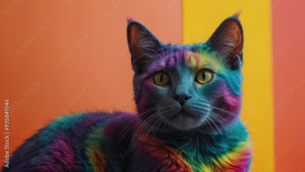 Chic and vibrant feline. hues of the rainbow. The idea of diversity, tolerance, and inclusion. Being different and distinct. Chic cat. AI generative.