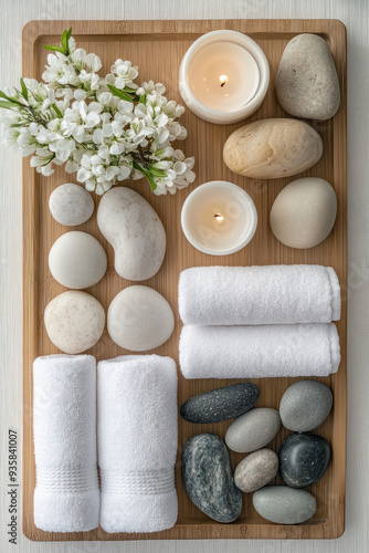 Spa Relaxation Setup, A peaceful spa scene featuring neatly folded white towels, soothing aromatherapy candles, and smooth stones arranged on a wooden tray