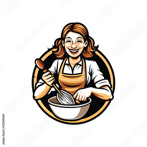 A woman is happily baking in the kitchen, stirring ingredients in a bowl with a wooden spoon.