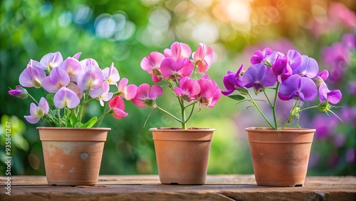 Delicate trio of potted sweet pea flowers in shades of pink and purple on blurred background