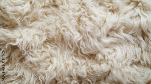 Fluffy sheepskin carpet texture background, top view