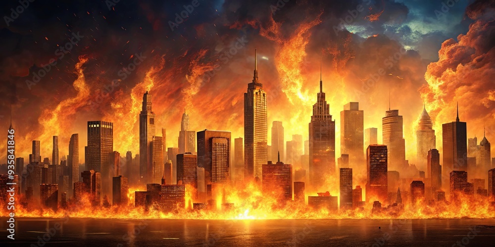 Fototapeta premium A cityscape engulfed in flames from a fierce wildfire