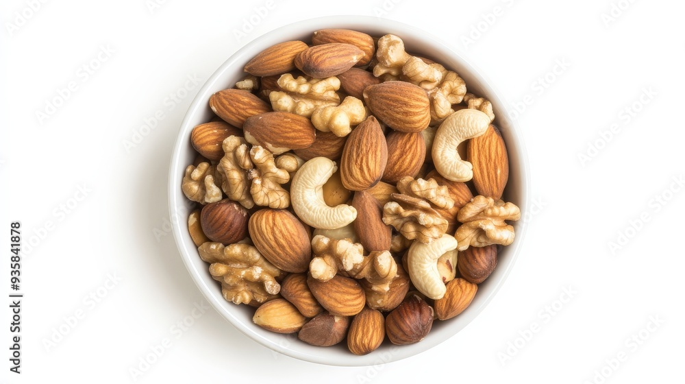 This image presents a bowl filled with an assortment of nuts, including walnuts, cashews, and almonds, depicting a healthy snack option full of protein and nutrients. This image presents a bowl filled with an assortment of nuts, including walnuts, cashews, and almonds, depicting a healthy snack option full of protein and nutrients.